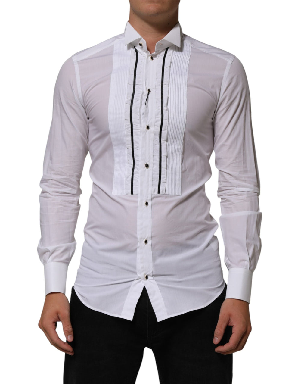 Dolce & Gabbana White Cotton Collared Long Sleeve Gold Dress Shirt
