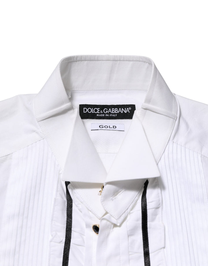 Men’s Dolce &amp; Gabbana White Cotton Collared Long Sleeve Gold Dress Shirt