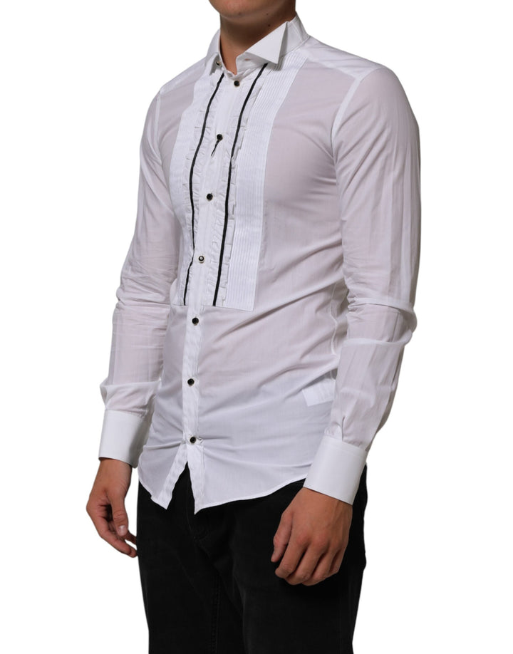 Dolce &amp; Gabbana White Cotton Collared Long Sleeve Gold Dress Shirt