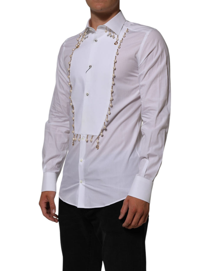 Men’s Dolce &amp; Gabbana White Cotton Dg Logo Pearl Gold Formal Shirt