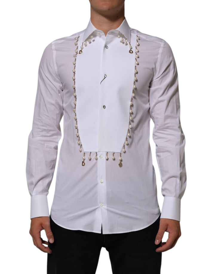 Men’s Dolce &amp; Gabbana White Cotton Dg Logo Pearl Gold Formal Shirt