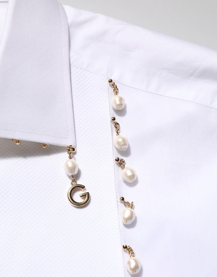 Men’s Dolce &amp; Gabbana White Cotton Dg Logo Pearl Gold Formal Shirt