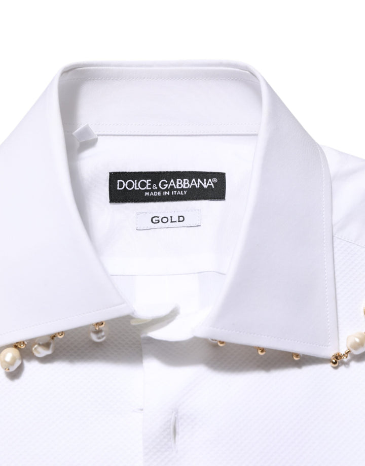 Men’s Dolce &amp; Gabbana White Cotton Dg Logo Pearl Gold Formal Shirt