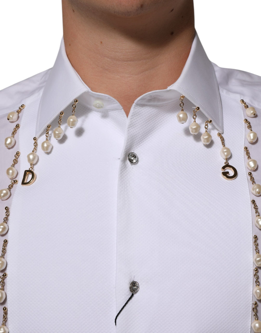 Men’s Dolce &amp; Gabbana White Cotton Dg Logo Pearl Gold Formal Shirt