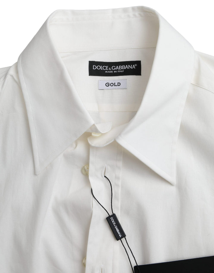Dolce &amp; Gabbana White Cotton Dress Slim Fit Gold Shirt