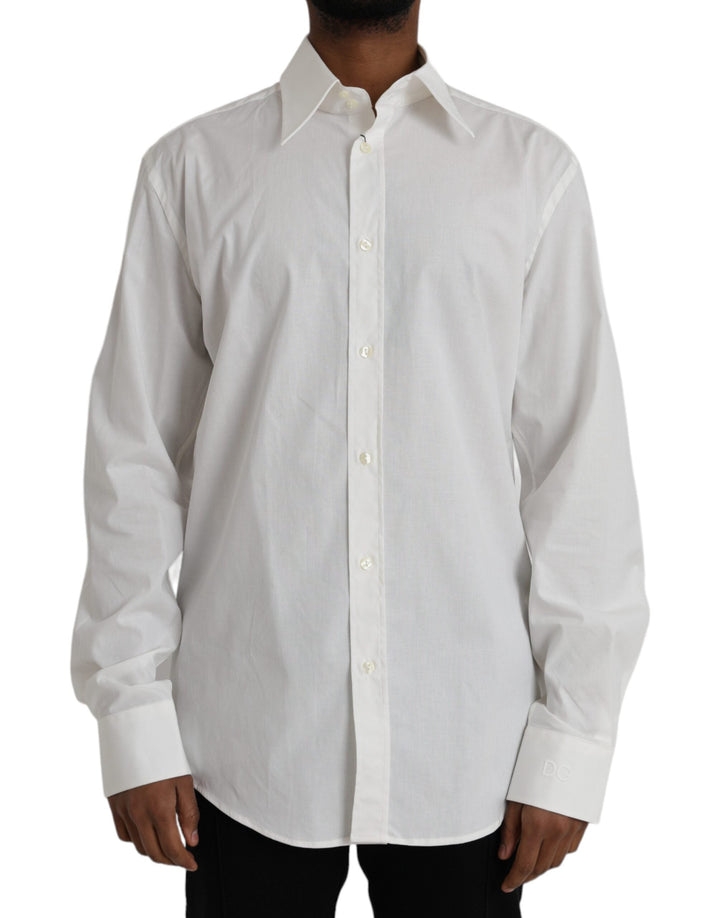 Dolce &amp; Gabbana White Cotton Dress Slim Fit Gold Shirt