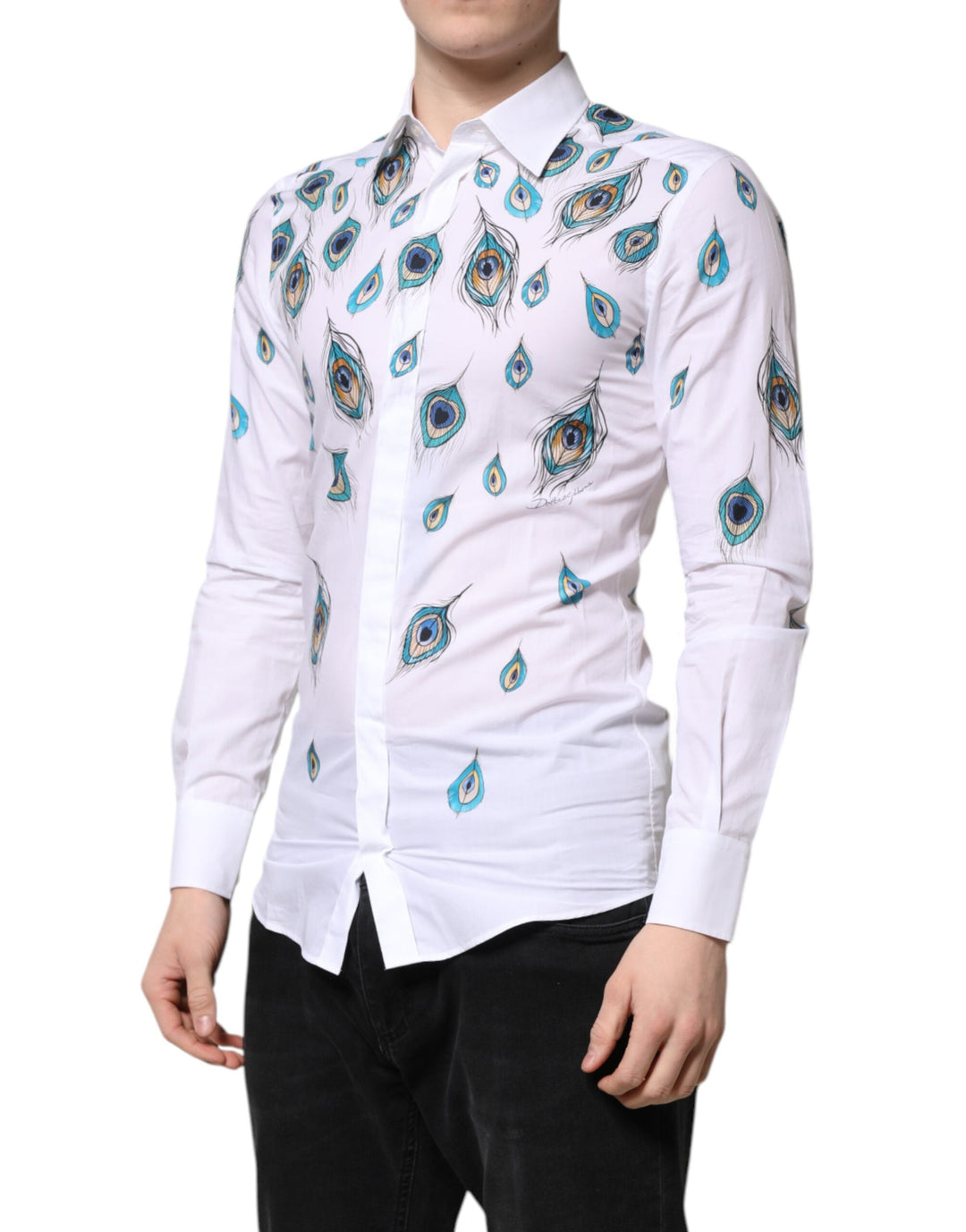Men’s Dolce &amp; Gabbana White Cotton Feather Print Gold Dress Shirt