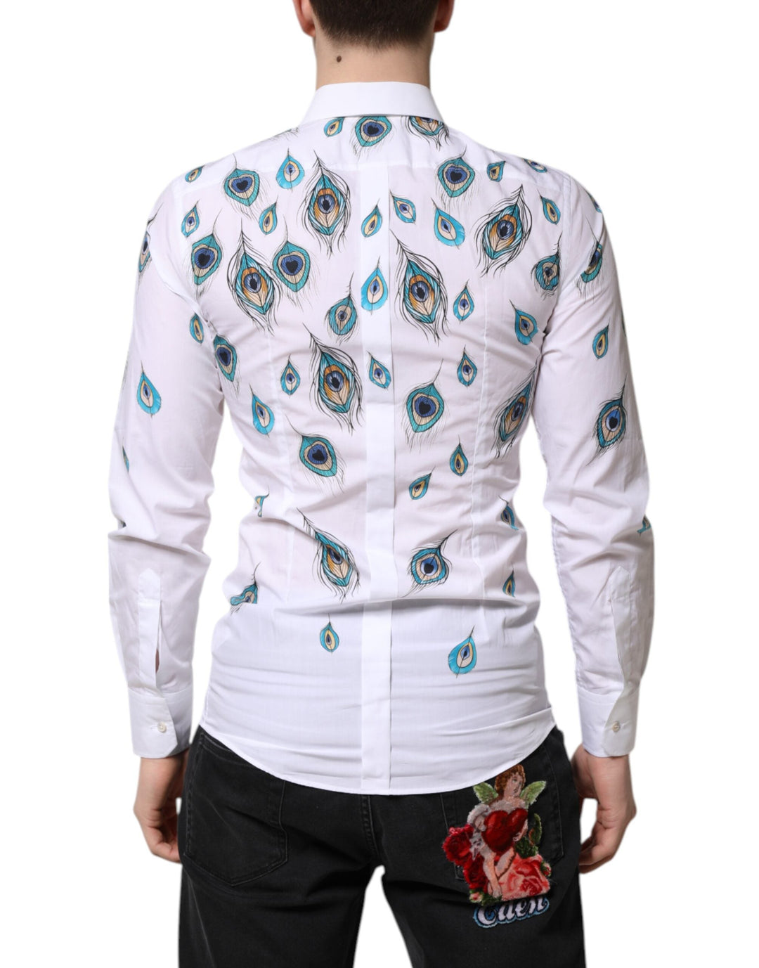Men’s Dolce &amp; Gabbana White Cotton Feather Print Gold Dress Shirt