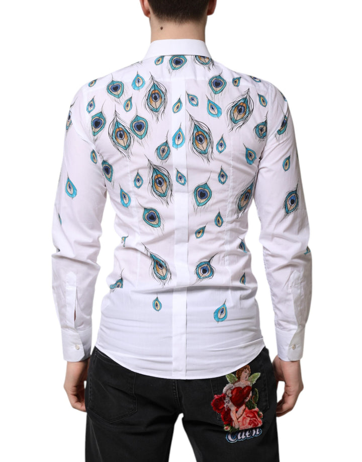 Men’s Dolce &amp; Gabbana White Cotton Feather Print Gold Dress Shirt