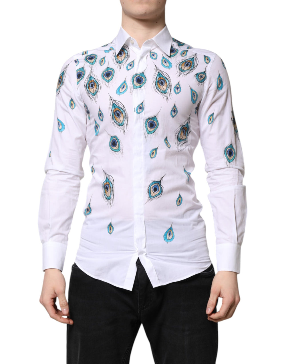 Men’s Dolce & Gabbana White Cotton Feather Print Gold Dress Shirt