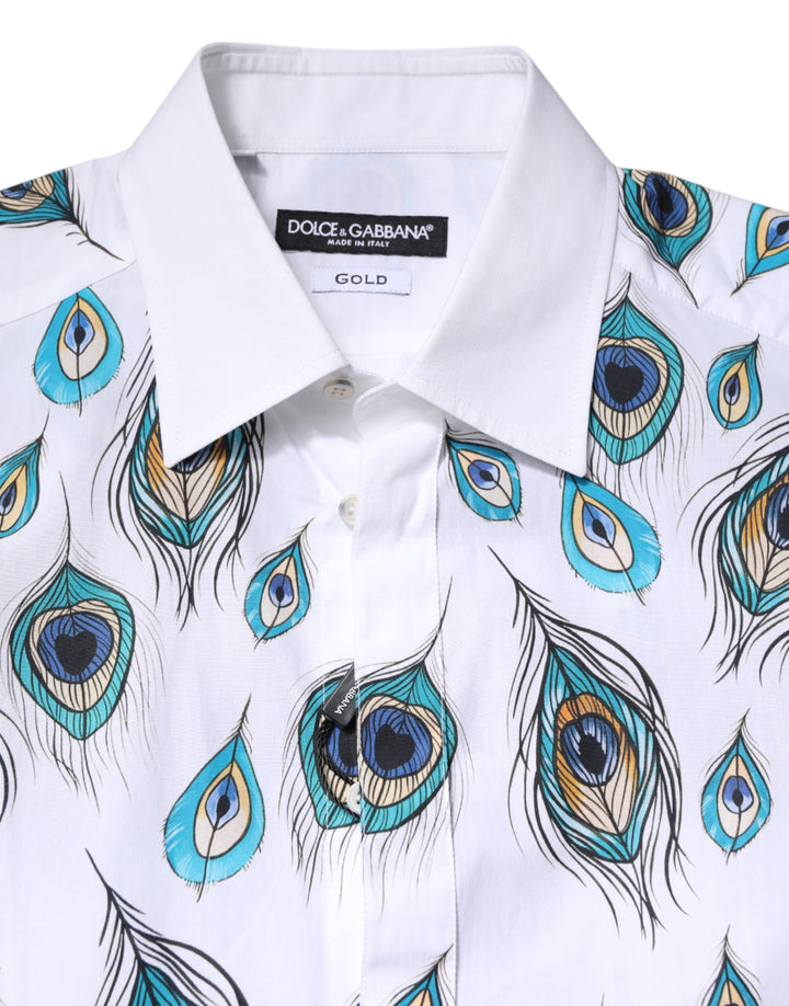 Men’s Dolce &amp; Gabbana White Cotton Feather Print Gold Dress Shirt