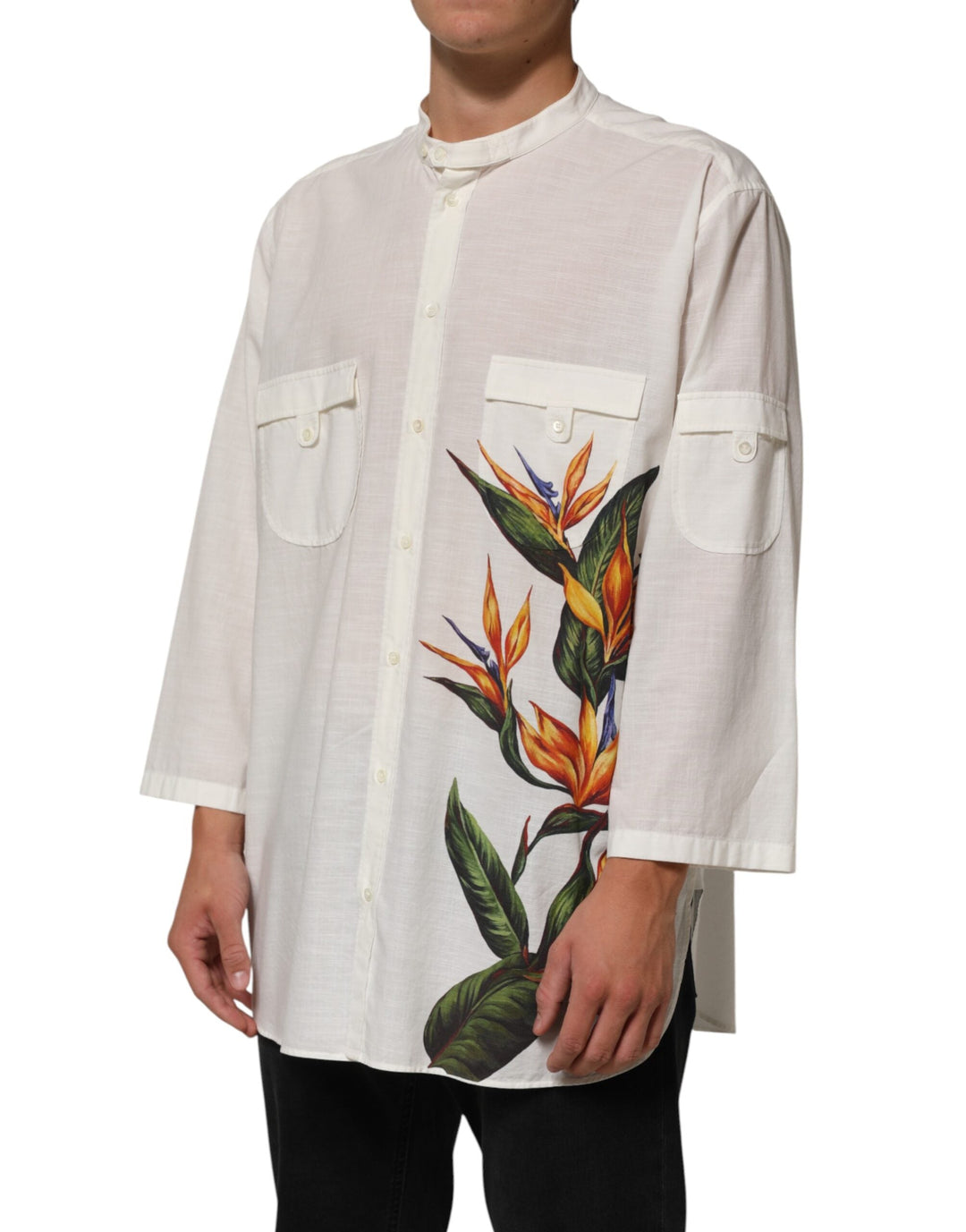 Dolce &amp; Gabbana White Cotton Floral Print Button Down Shirt