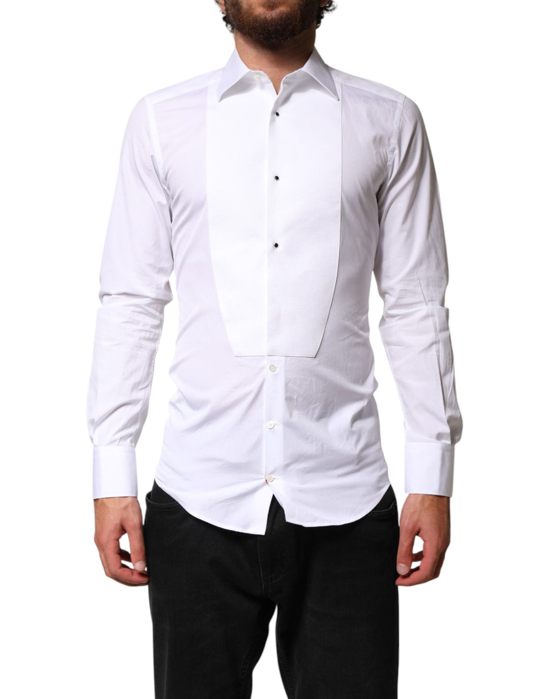 Men’s Dolce &amp; Gabbana White Cotton Gold Collared Dress Bib Formal Shirt