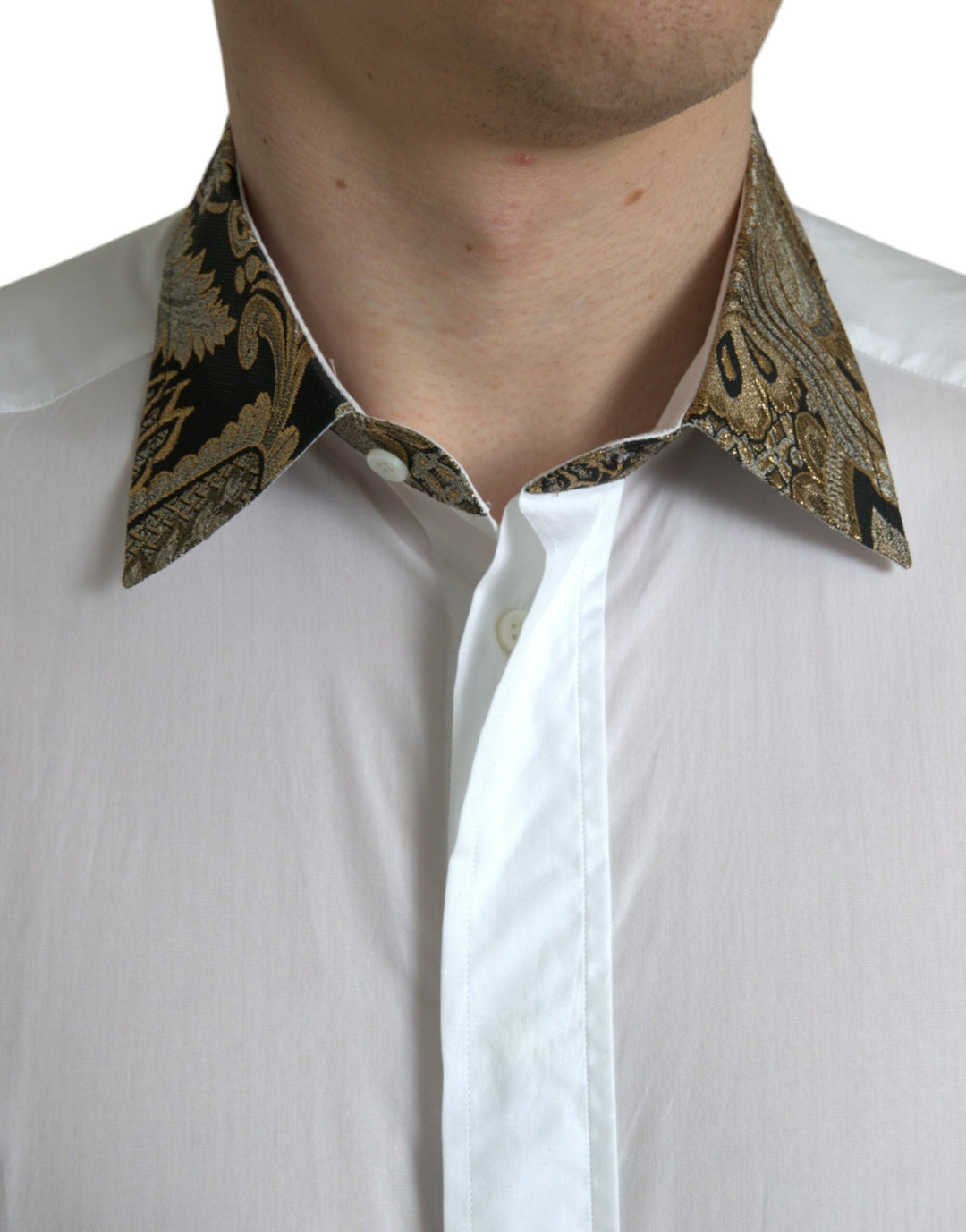 Men’s Dolce &amp; Gabbana White Cotton Jacquard Formal Gold Dress Shirt