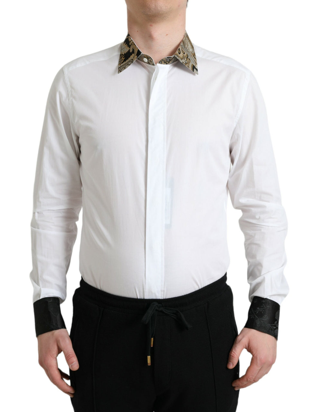 Men’s Dolce & Gabbana White Cotton Jacquard Formal Gold Dress Shirt