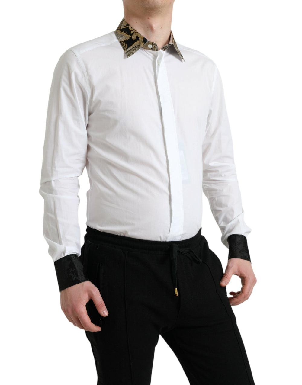 Men’s Dolce & Gabbana White Cotton Jacquard Formal Gold Dress Shirt