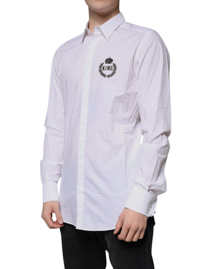 Dolce &amp; Gabbana White Cotton Logo Formal Men Gold Dress Shirt
