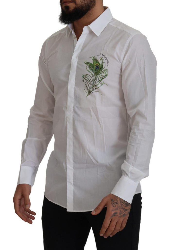 Men’s Dolce &amp; Gabbana White Cotton Peacock Feather Formal Gold Shirt