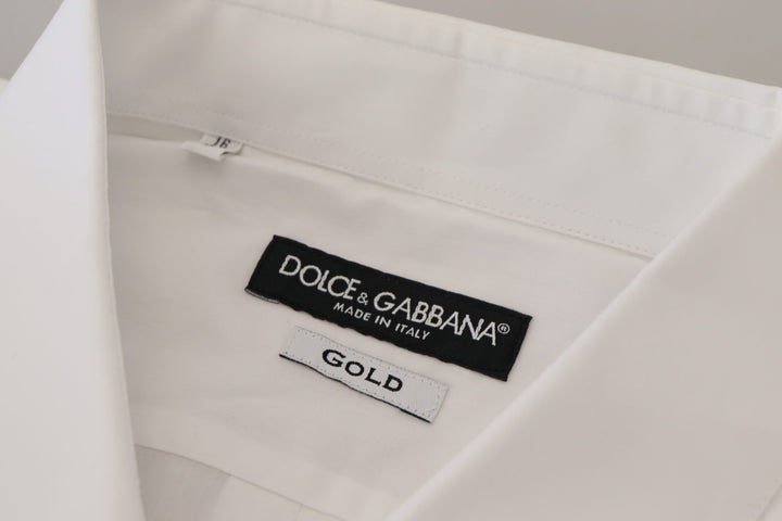 Dolce &amp; Gabbana White Cotton Peacock Feather Formal Gold Shirt