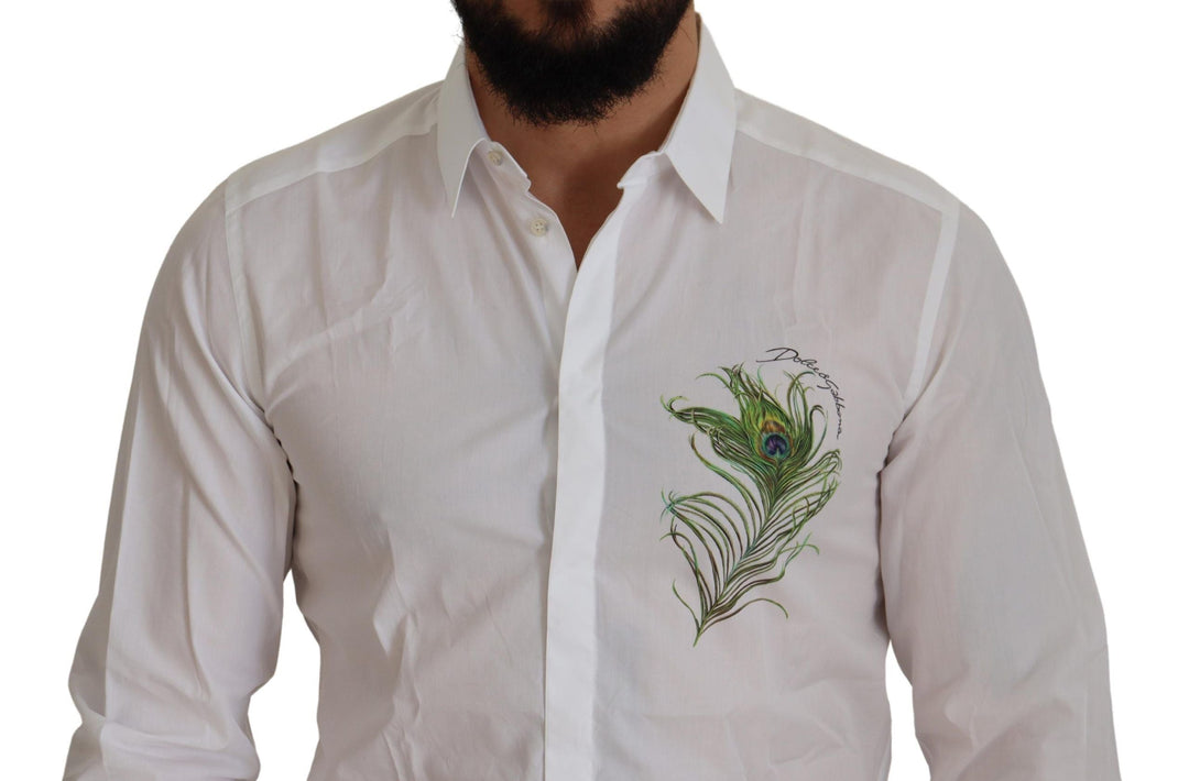 Dolce &amp; Gabbana White Cotton Peacock Feather Formal Gold Shirt