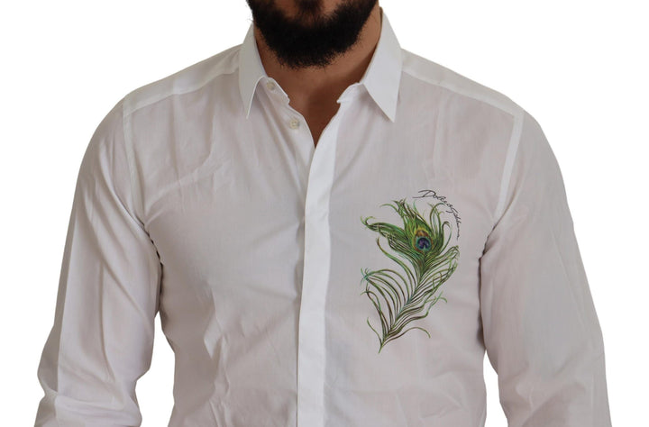 Dolce &amp; Gabbana White Cotton Peacock Feather Formal Gold Shirt