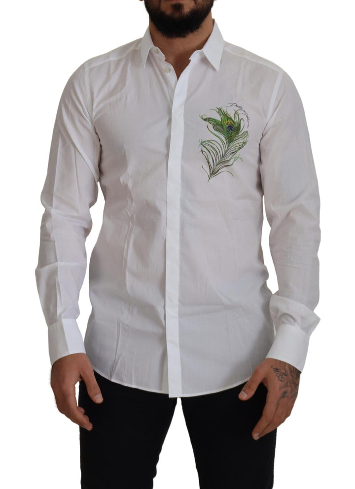 Men’s Dolce &amp; Gabbana White Cotton Peacock Feather Formal Gold Shirt