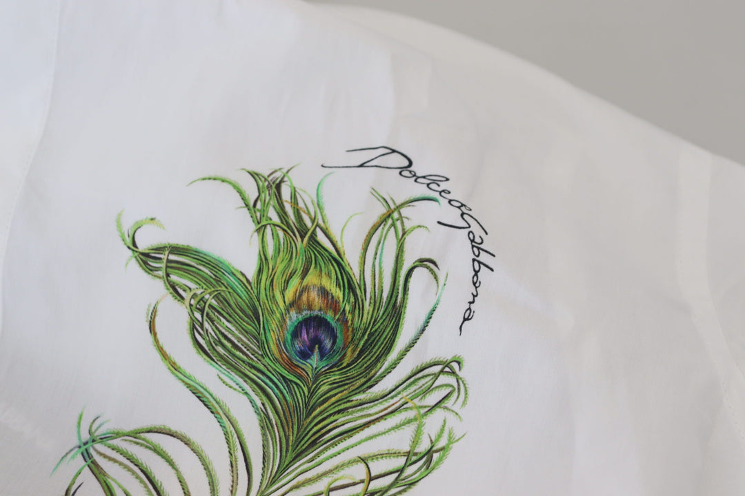 Dolce &amp; Gabbana White Cotton Peacock Feather Formal Gold Shirt