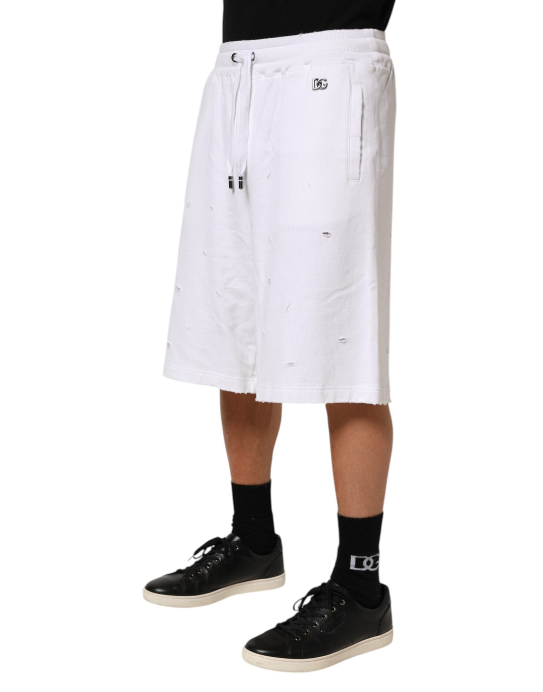 Men’s Dolce &amp; Gabbana White Cotton Ripped Bermuda Sweatpants Shorts