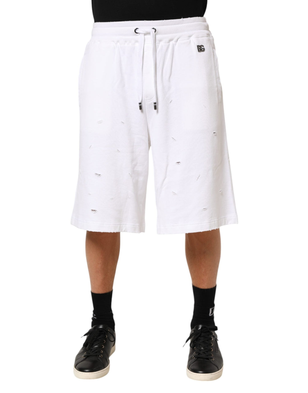 Men’s Dolce &amp; Gabbana White Cotton Ripped Bermuda Sweatpants Shorts