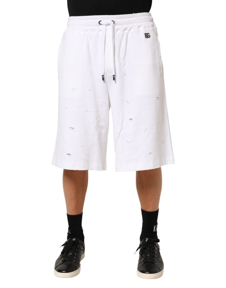 Men’s Dolce &amp; Gabbana White Cotton Ripped Bermuda Sweatpants Shorts