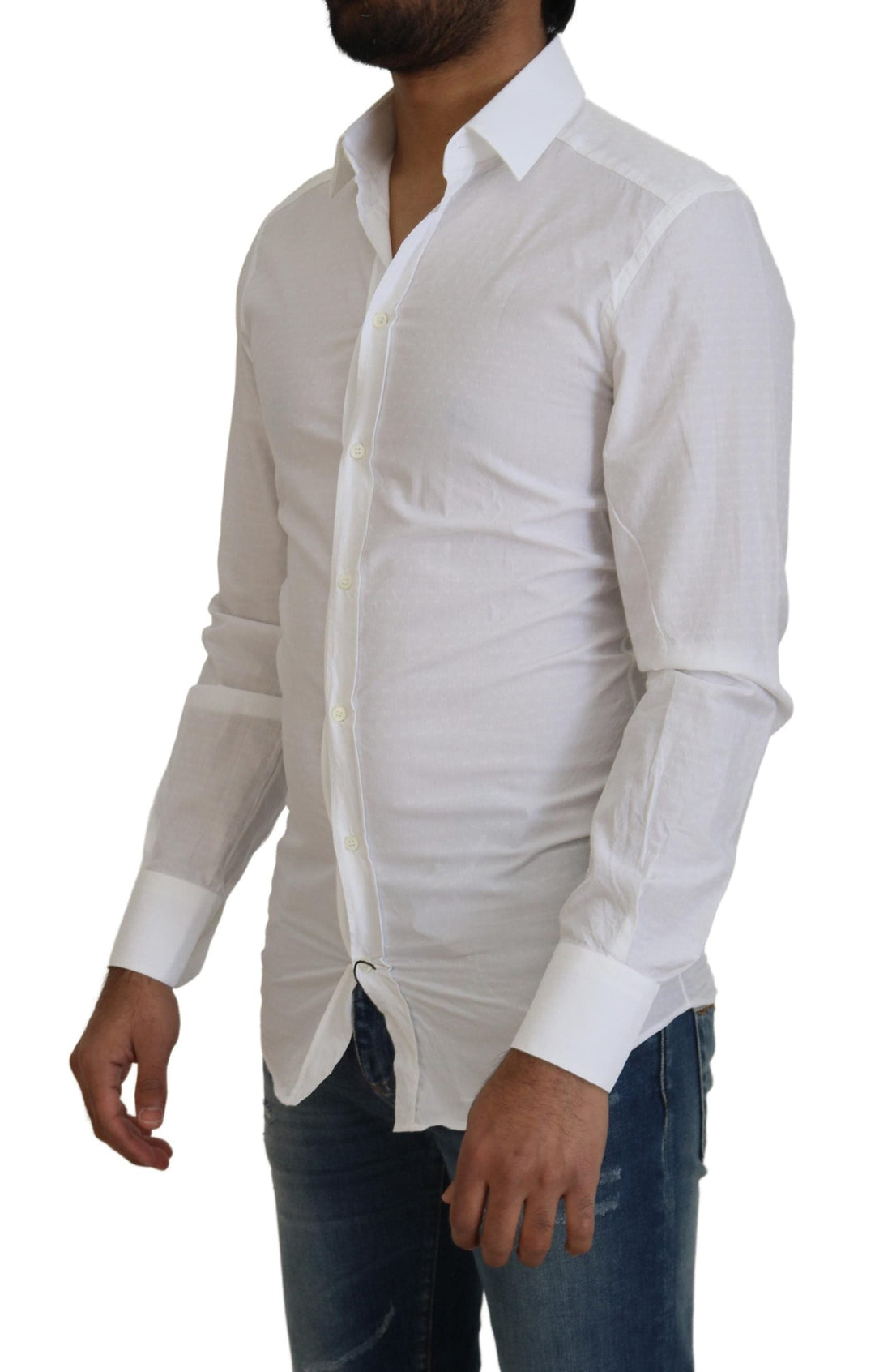 Men’s Dolce &amp; Gabbana White Cotton Slim Fit Formal Dress Gold Shirt