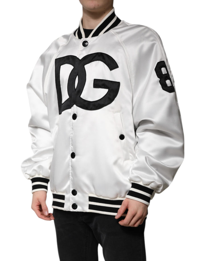 Men’s Dolce &amp; Gabbana White Dg Logo Polyester Jersey Bomber Jacket