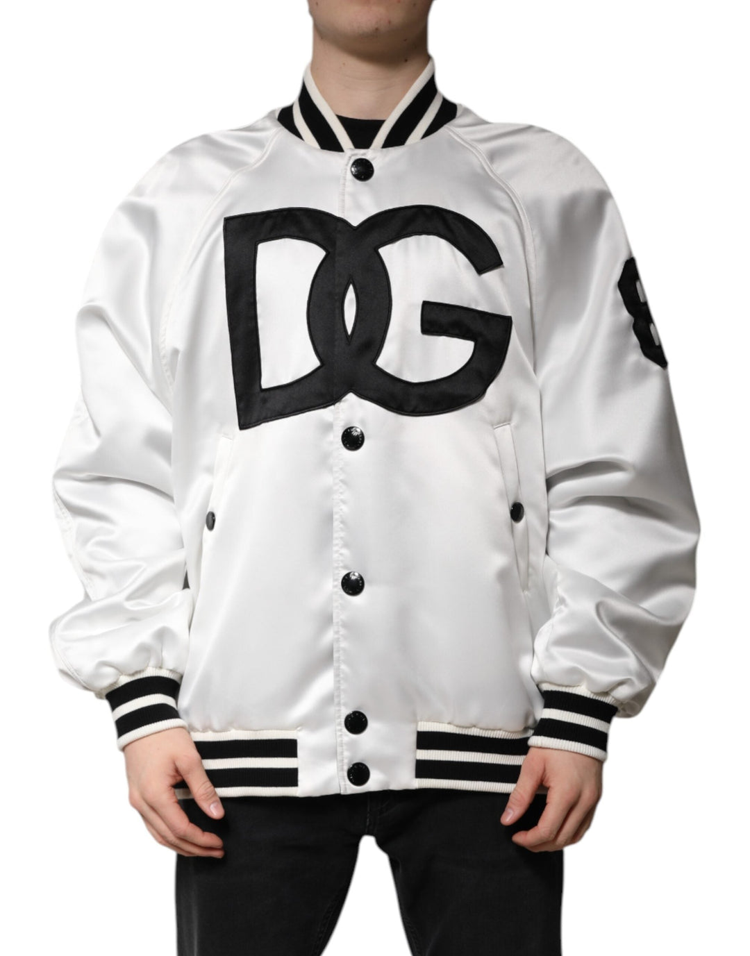 Men’s Dolce & Gabbana White Dg Logo Polyester Jersey Bomber Jacket