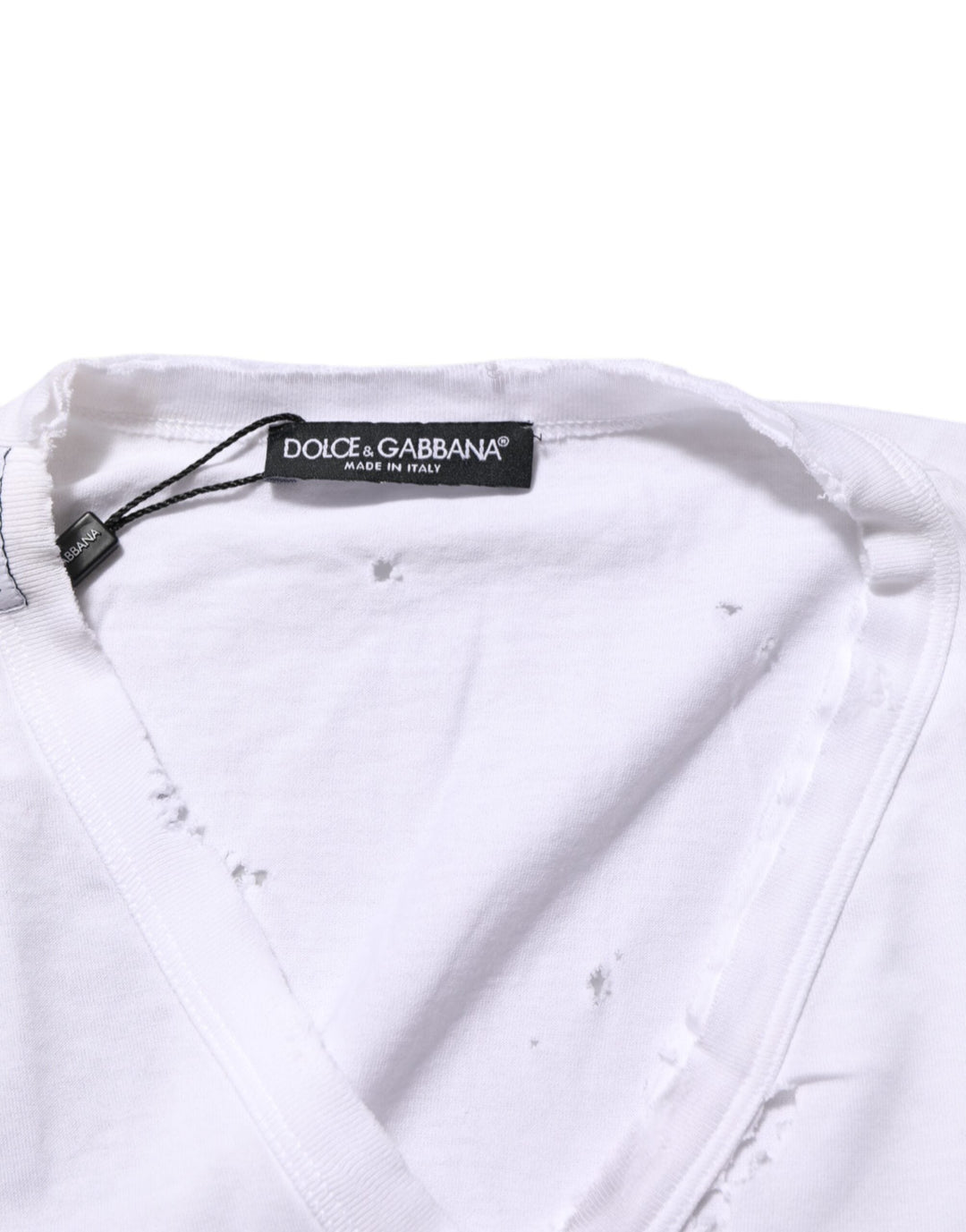 Dolce &amp; Gabbana White Distressed Cotton v Neck Men T-shirt
