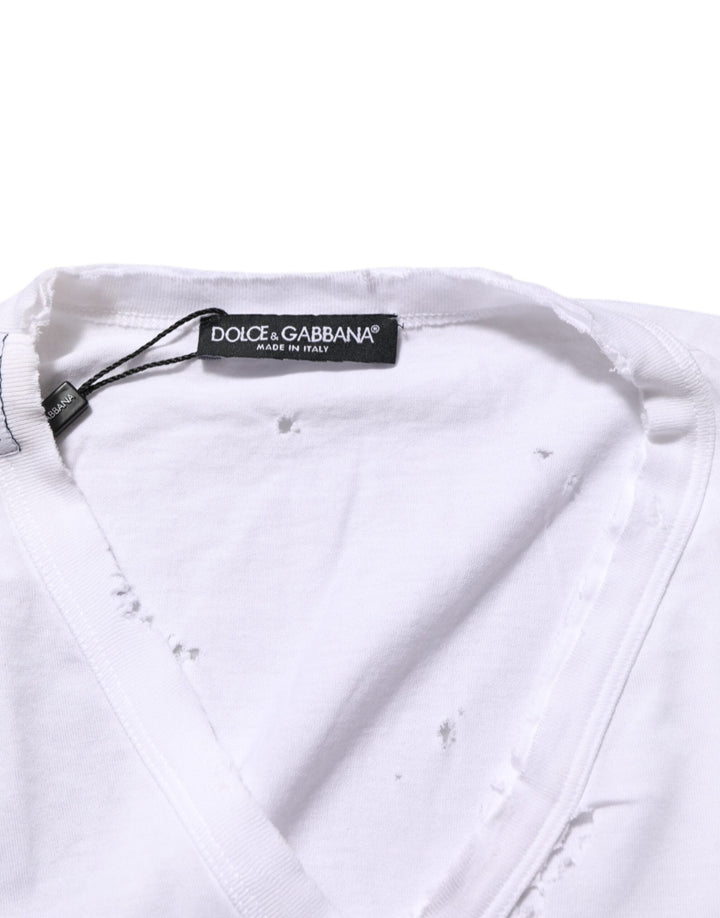 Dolce &amp; Gabbana White Distressed Cotton v Neck Men T-shirt
