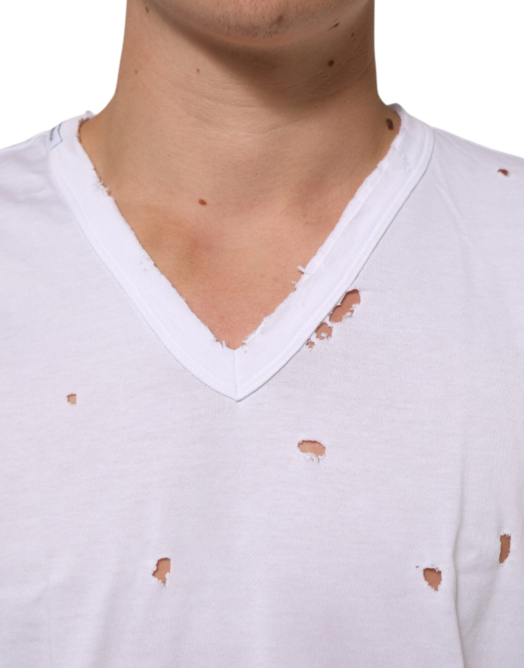 Dolce &amp; Gabbana White Distressed Cotton v Neck Men T-shirt
