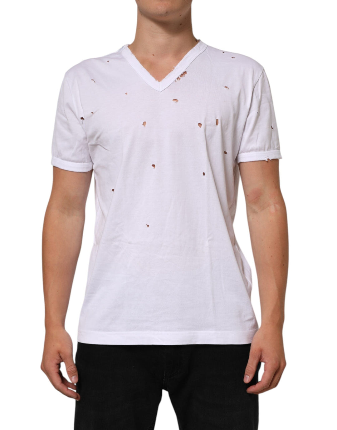 Dolce &amp; Gabbana White Distressed Cotton v Neck Men T-shirt