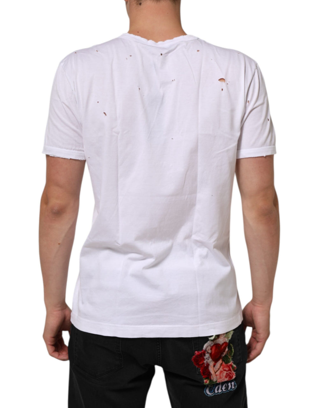 Dolce &amp; Gabbana White Distressed Cotton v Neck Men T-shirt