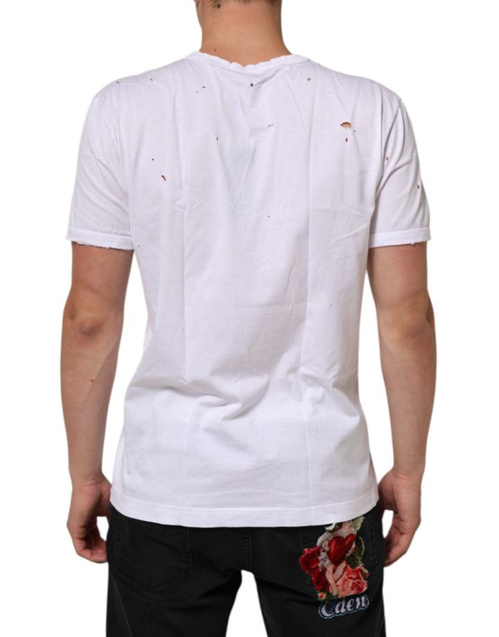 Dolce &amp; Gabbana White Distressed Cotton v Neck Men T-shirt