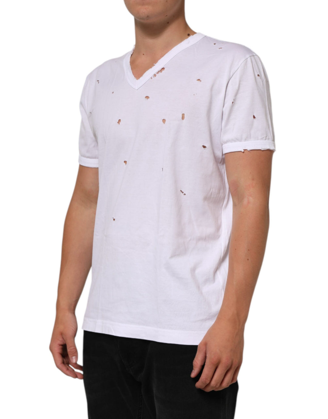 Dolce &amp; Gabbana White Distressed Cotton v Neck Men T-shirt
