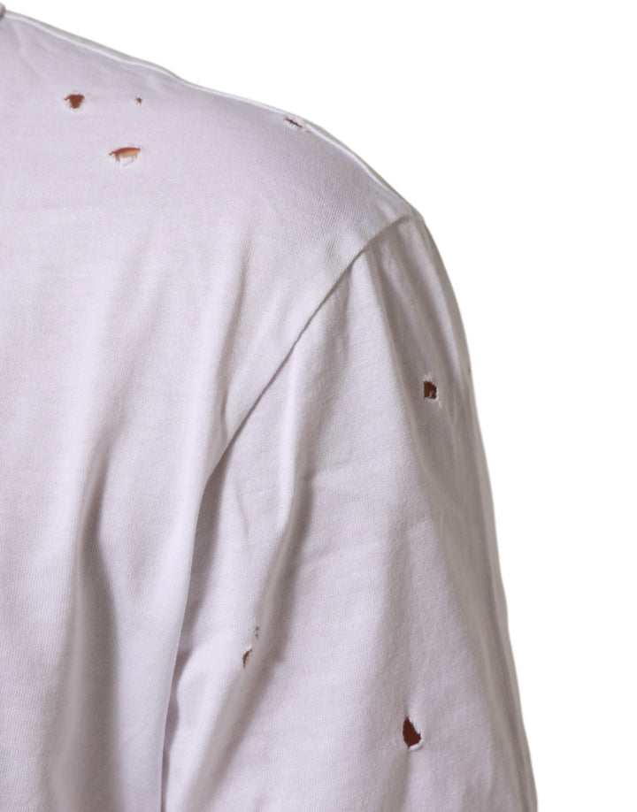 Dolce &amp; Gabbana White Distressed Cotton v Neck Men T-shirt
