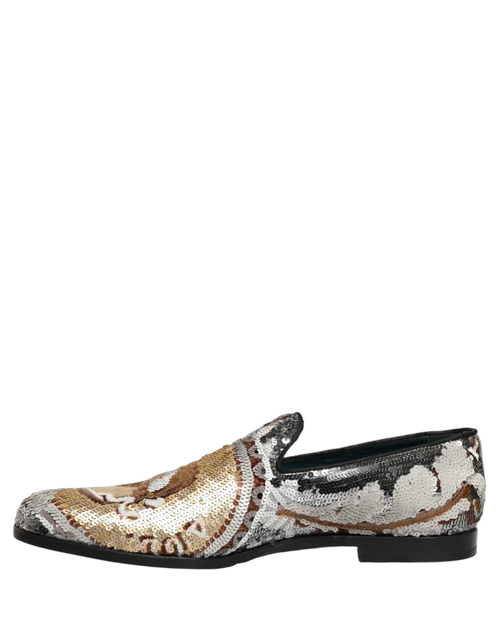 Men’s Dolce &amp; Gabbana White Gold Sequined Slip on Loafers Shoes