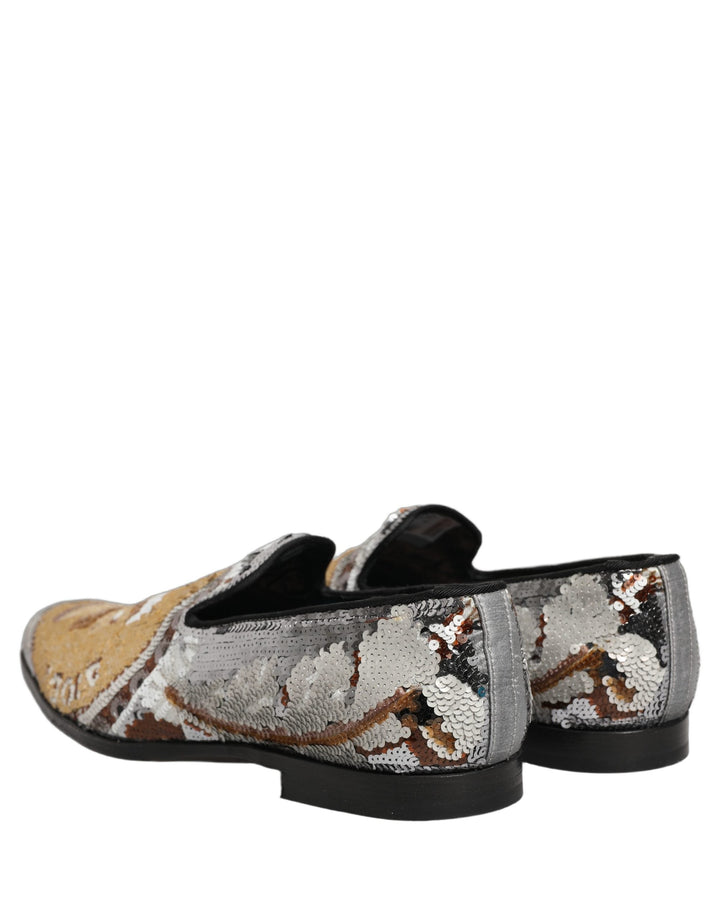 Men’s Dolce &amp; Gabbana White Gold Sequined Slip on Loafers Shoes