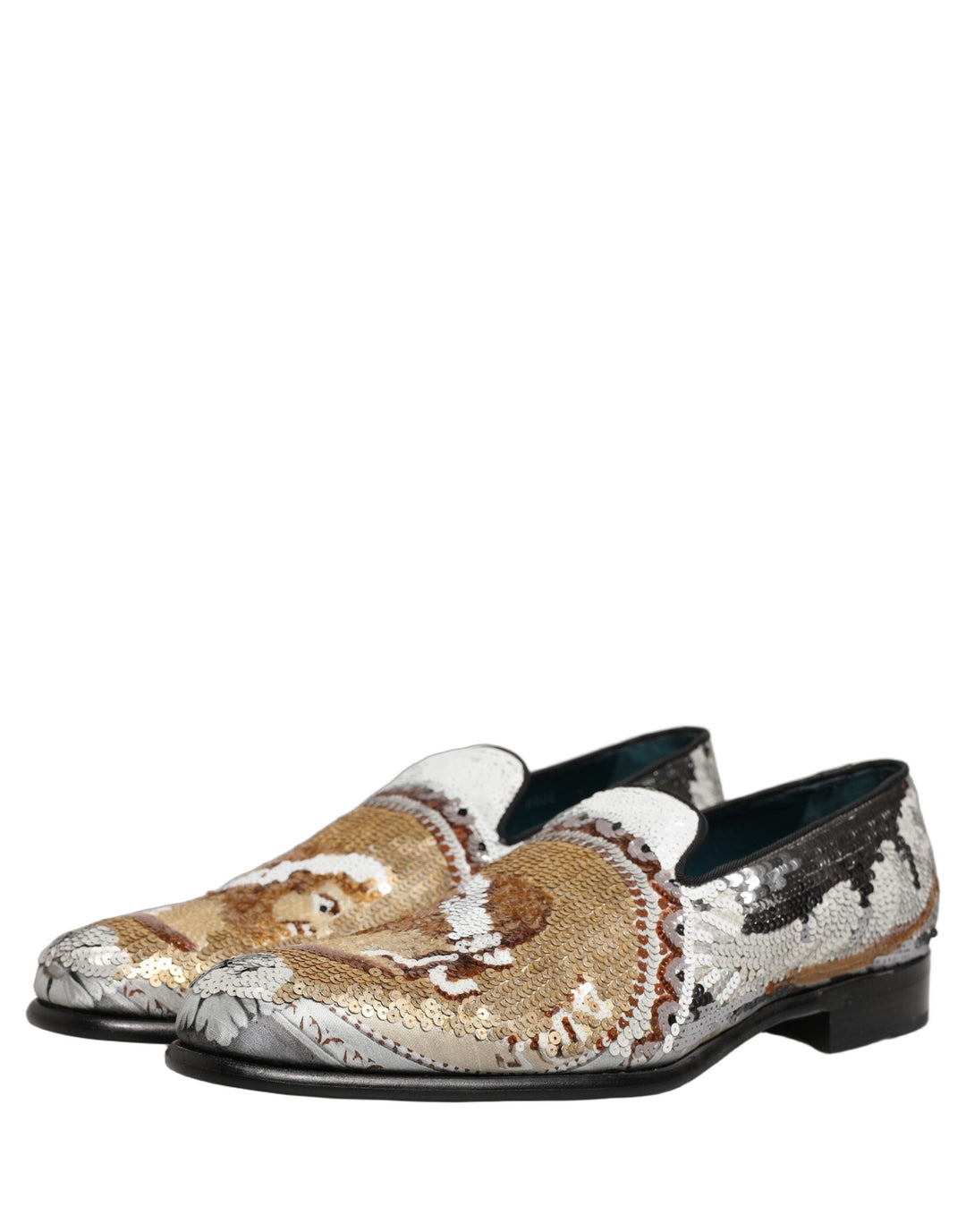 Men’s Dolce &amp; Gabbana White Gold Sequined Slip on Loafers Shoes