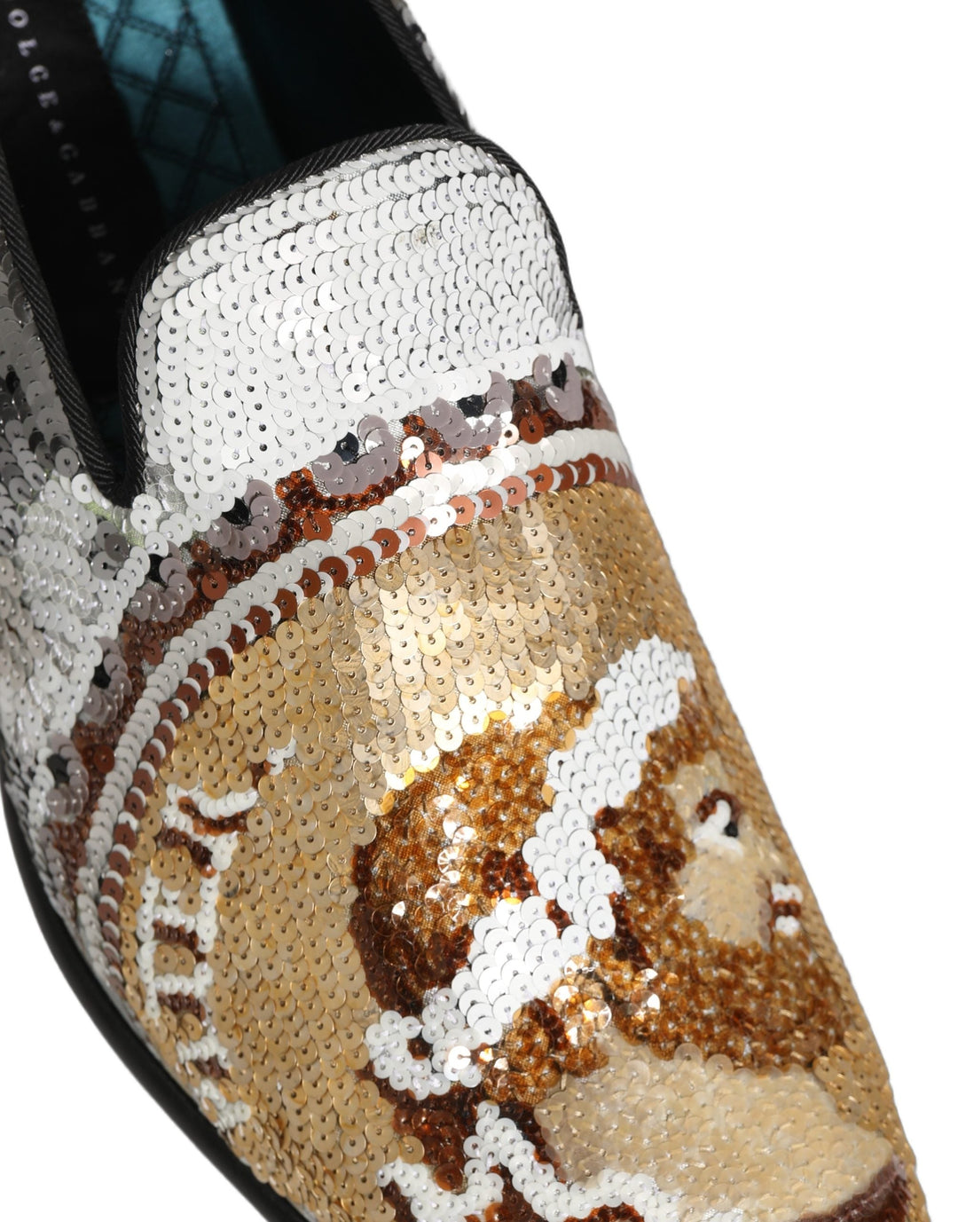 Men’s Dolce &amp; Gabbana White Gold Sequined Slip on Loafers Shoes