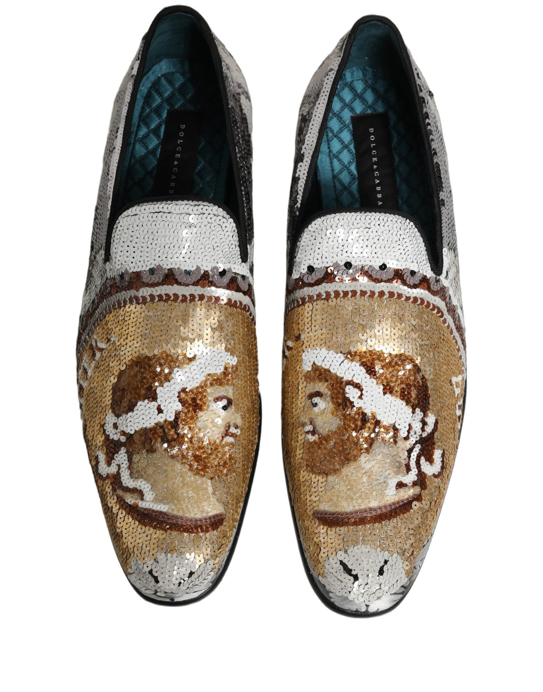 Men’s Dolce &amp; Gabbana White Gold Sequined Slip on Loafers Shoes