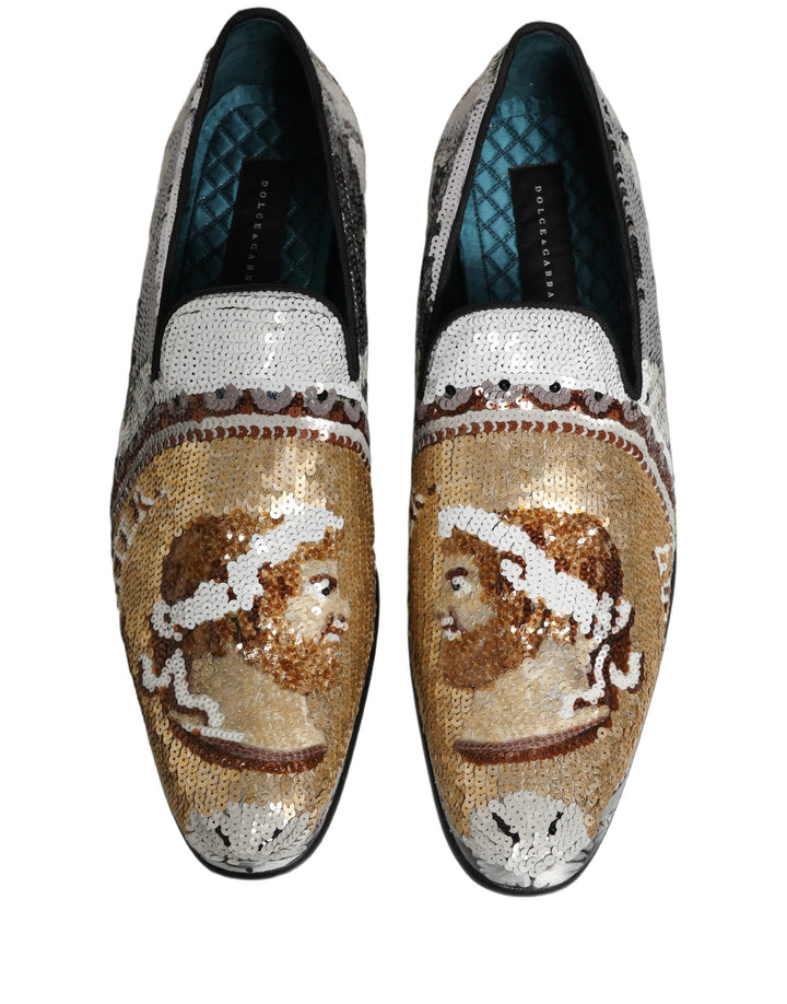 Men’s Dolce &amp; Gabbana White Gold Sequined Slip on Loafers Shoes