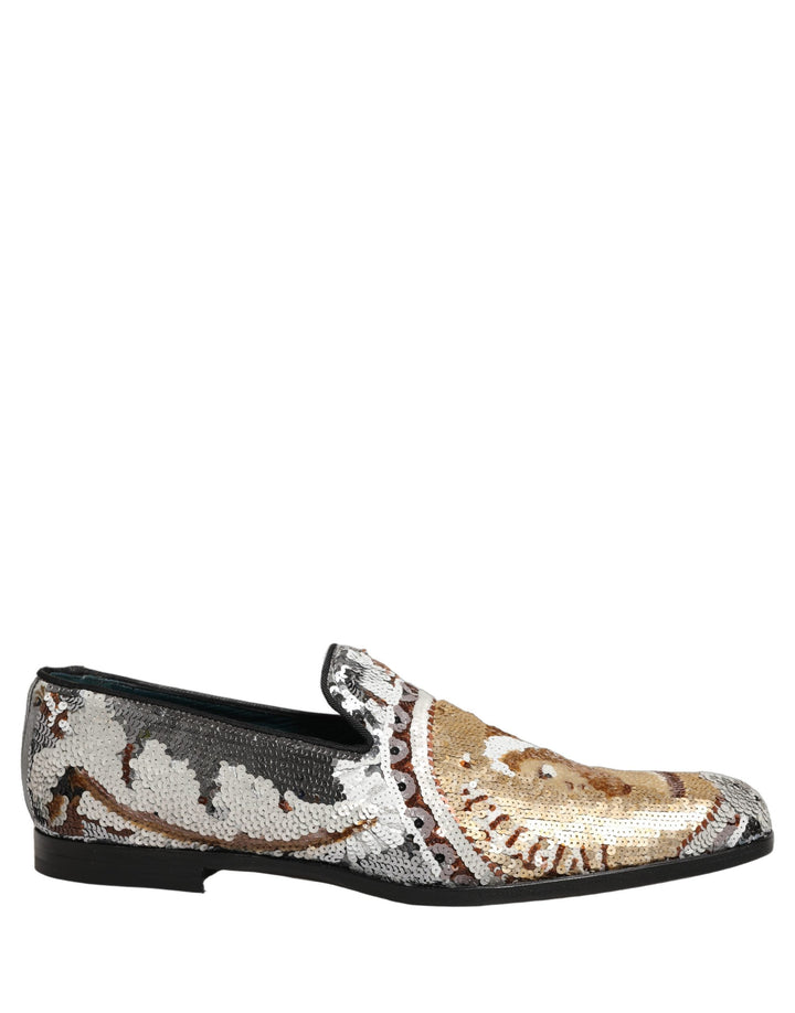 Men’s Dolce &amp; Gabbana White Gold Sequined Slip on Loafers Shoes