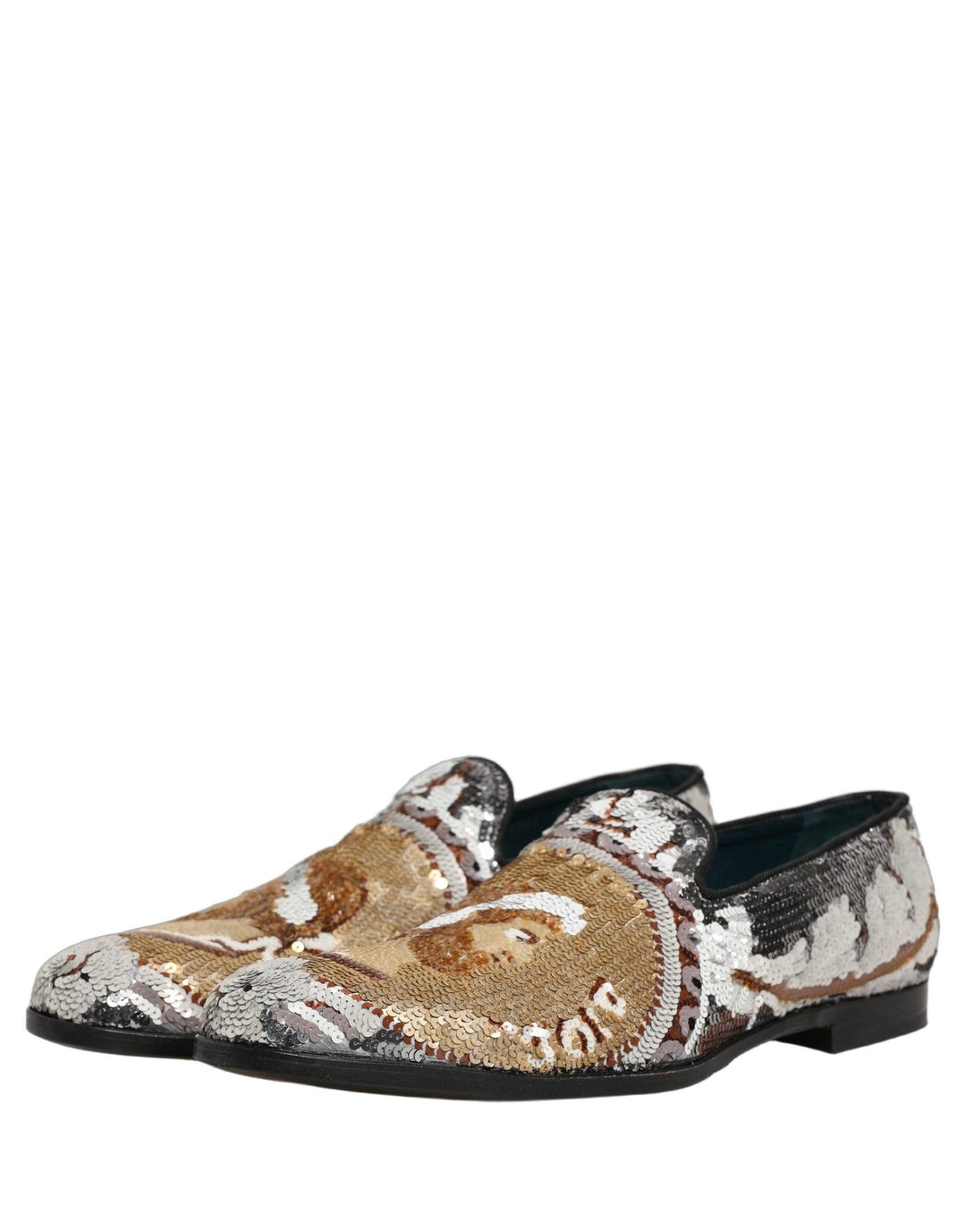 Men’s Dolce &amp; Gabbana White Gold Sequined Slip on Loafers Shoes