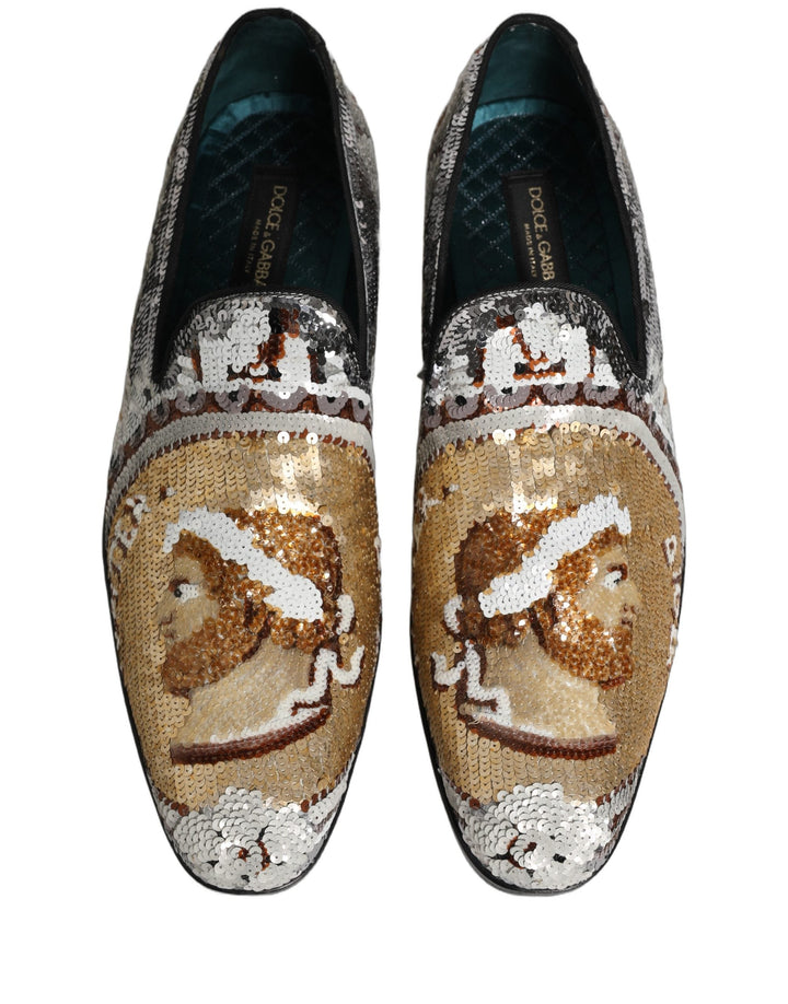 Men’s Dolce &amp; Gabbana White Gold Sequined Slip on Loafers Shoes